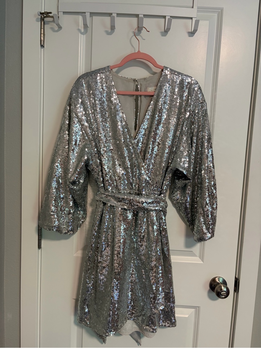 Anthropologie Silver Sequin Wrap Dress